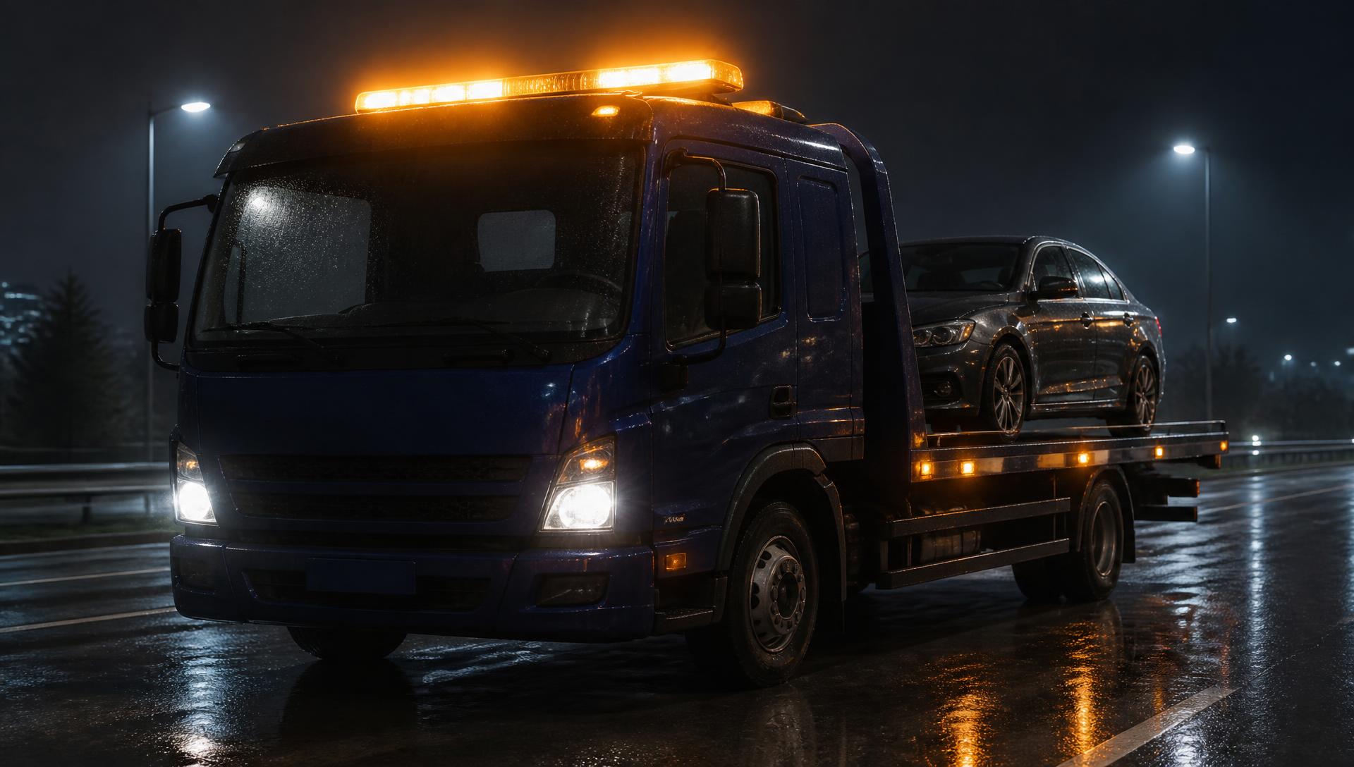 Takelwagen van DMR Takelservice met een personenauto op de laadbak tijdens een voertuigtransport